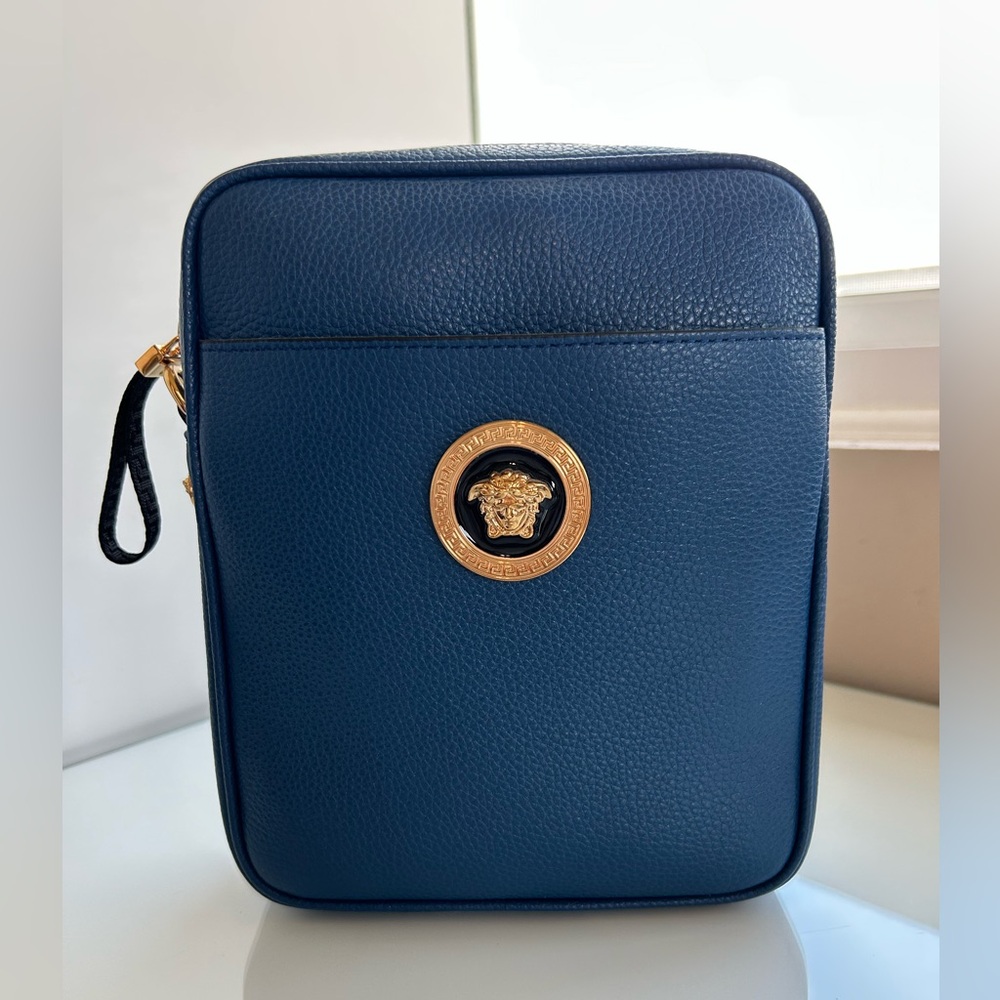 SOLD Versace Blue Grainy Leather Crossbody Bag Medusa Emblem Logo